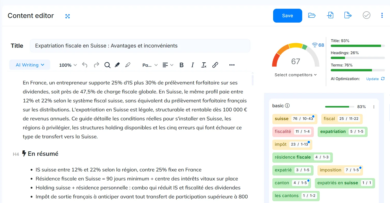 Editor de contenido de NeuronWriter: puntuación 67/100, desglose title/headings/terms y términos semánticos recomendados