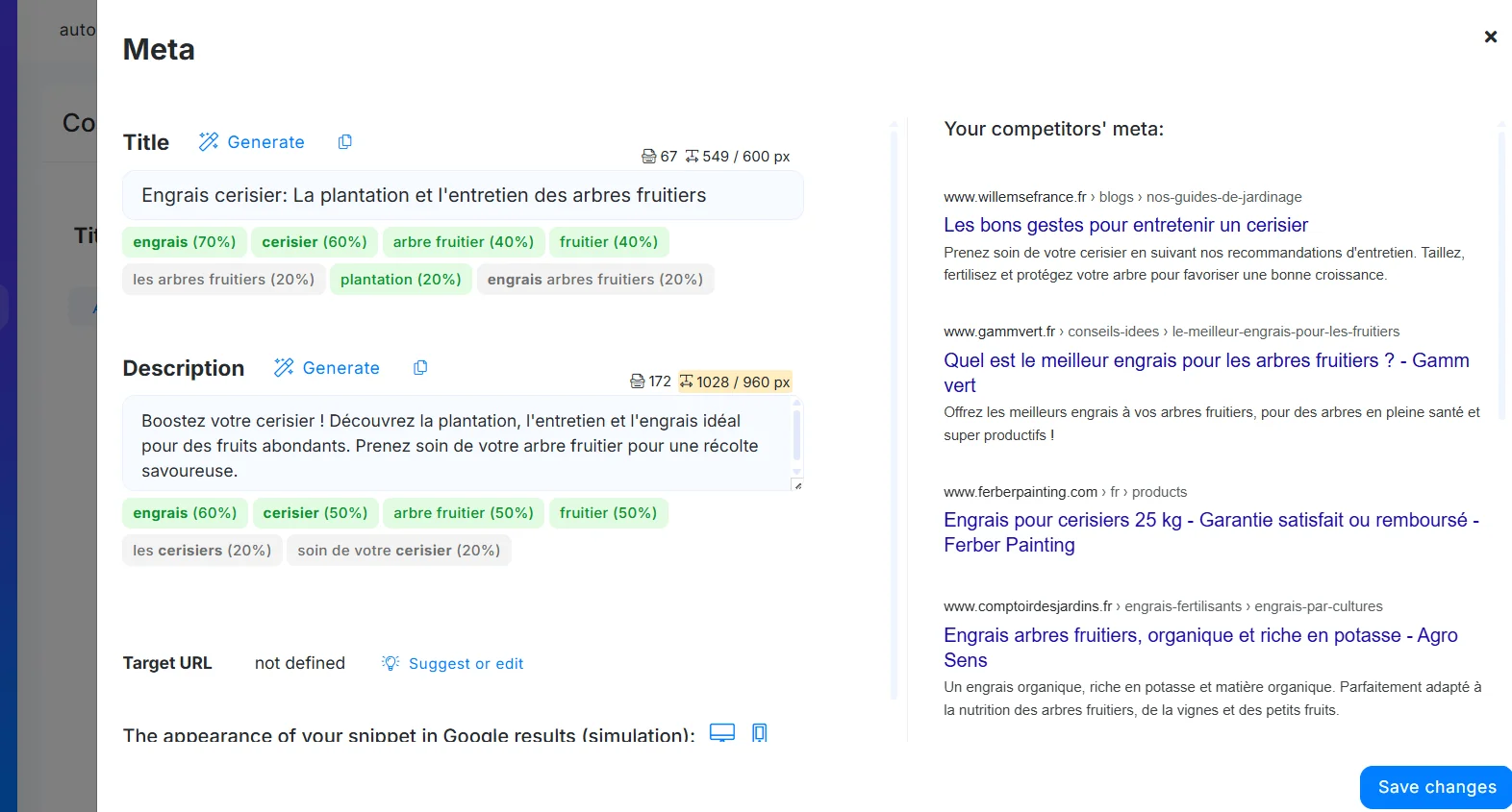 Generación automática de etiquetas title y meta description por la IA de NeuronWriter, con sugerencias de palabras clave