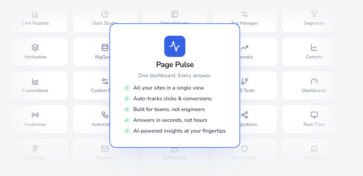 Page Pulse: ein Dashboard für alle Websites, automatisches Klick- und Conversion-Tracking, KI-Insights