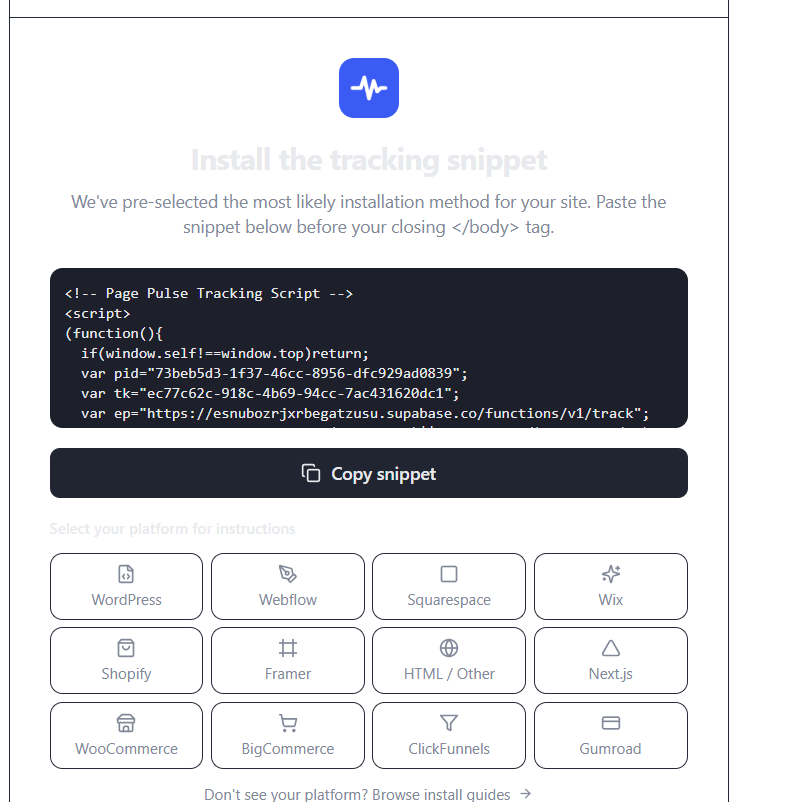 Page-Pulse-Tracking-Snippet zum Einfügen vor dem schließenden body-Tag, mit Anleitungen je Plattform