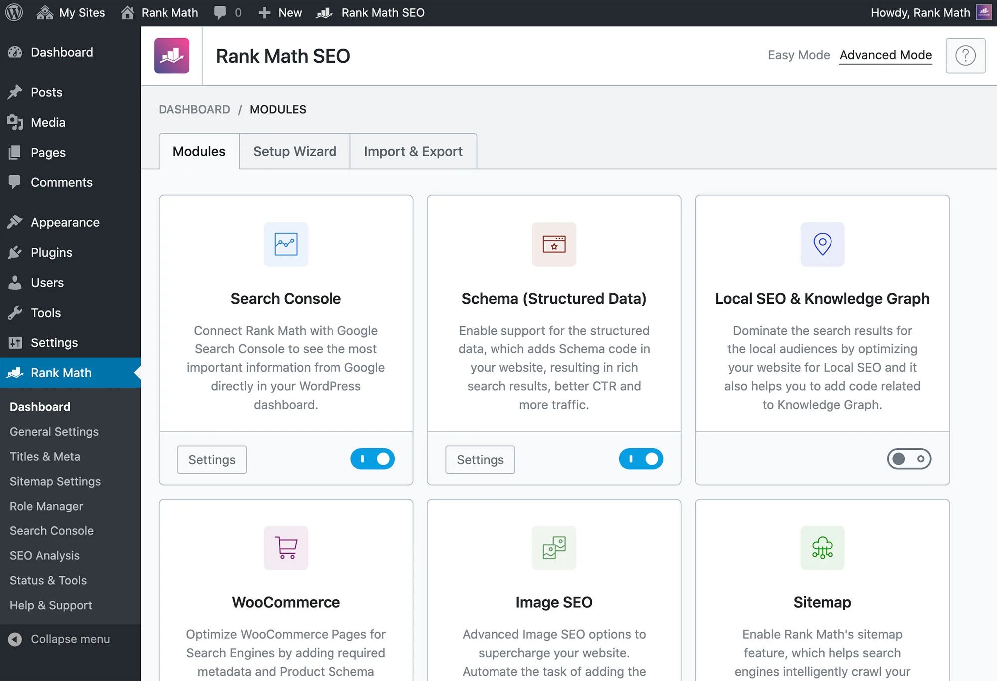 Rank Math modules page: Search Console, Schema, Local SEO, WooCommerce, Image SEO, Sitemap toggleable on demand