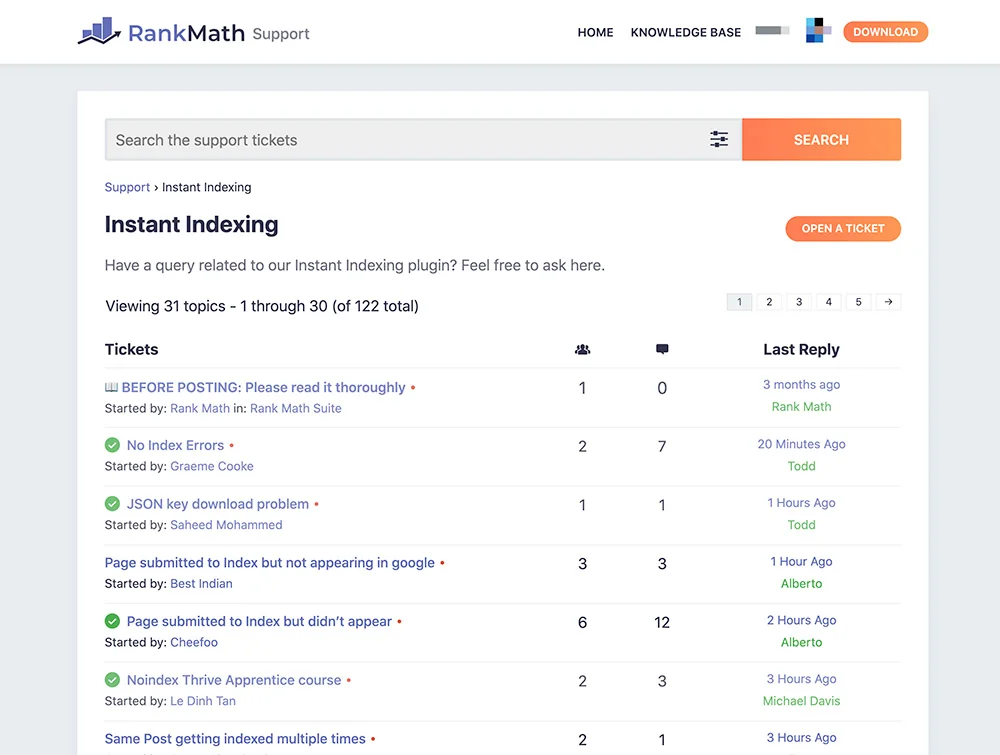 Rank Math support hub dedicated to the Instant Indexing feature, with 120+ discussion threads