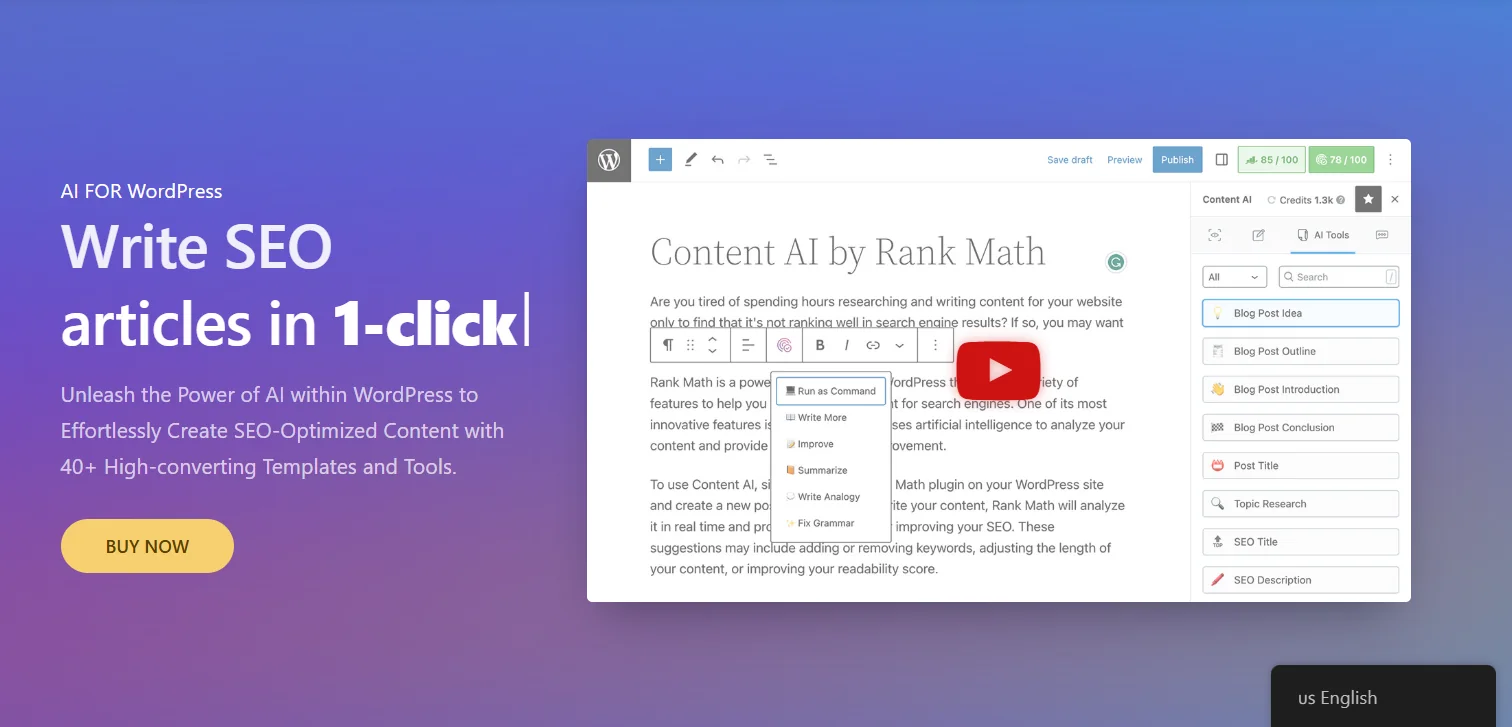 Rank Math's Content AI module inside the WordPress editor, with writing and SEO optimization suggestions