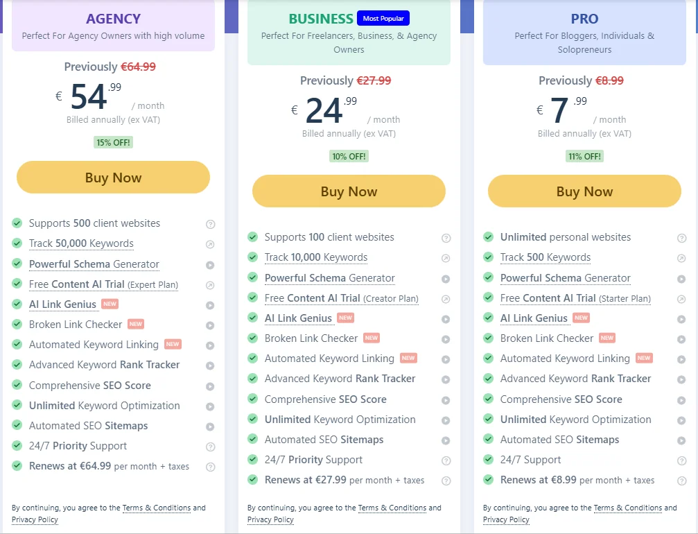 Rank Math pricing grid: Pro, Business and Agency plans with annual billing discounts