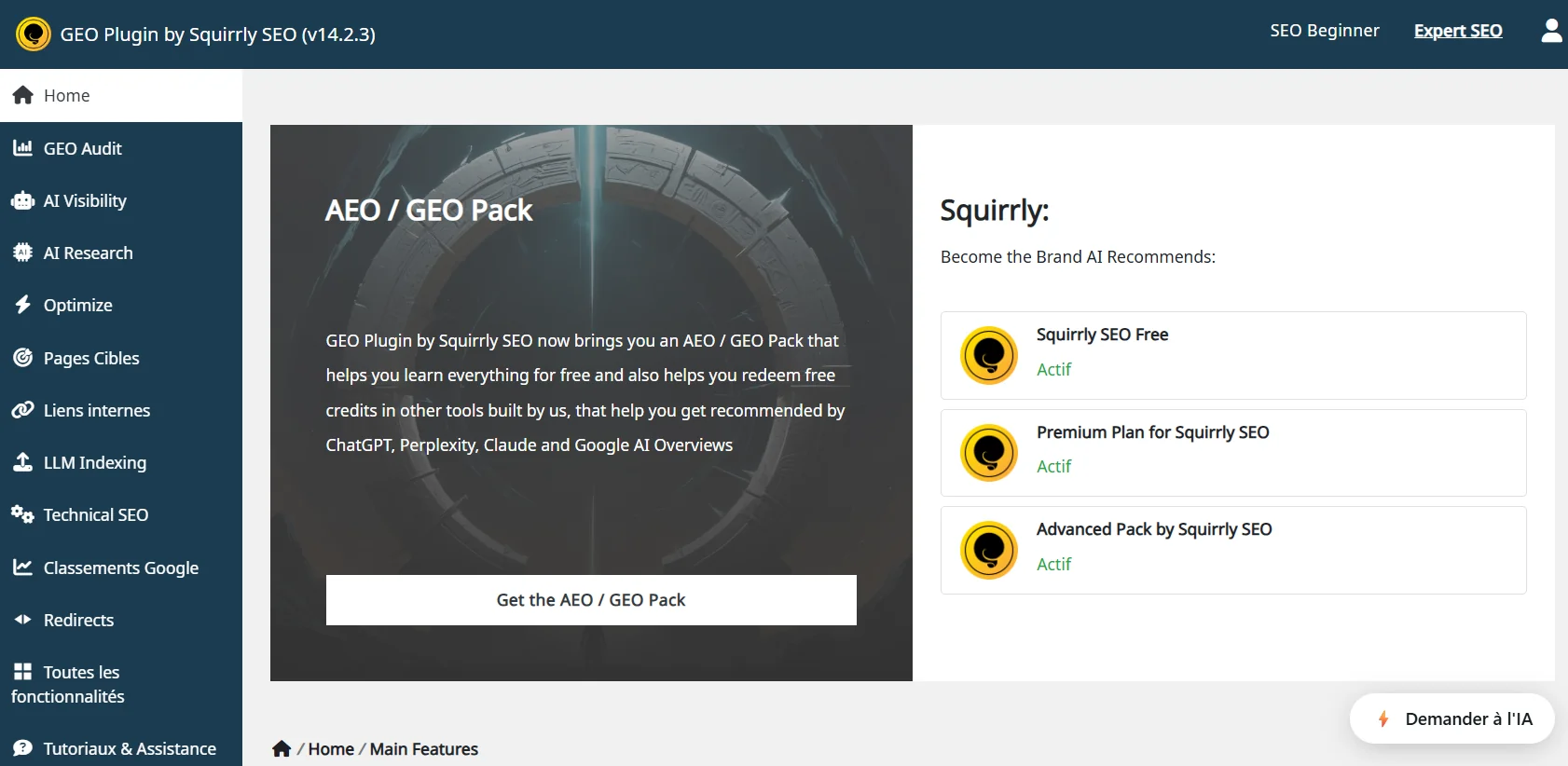 Squirrly SEO dashboard with AEO/GEO Pack module: AI Visibility, GEO Audit and LLM Indexing sections to get recommended by ChatGPT, Perplexity, Claude and Google AI Overviews